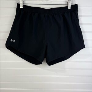 Under Armour women’s black Heat Gear lined running shorts. Size medium.